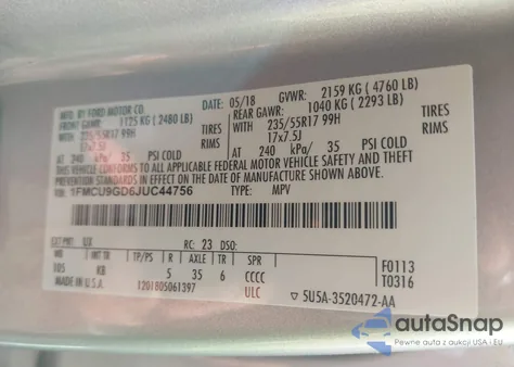 2018 Ford Escape Se from USA, damaged, VIN 1FMCU9GD6JUC44756